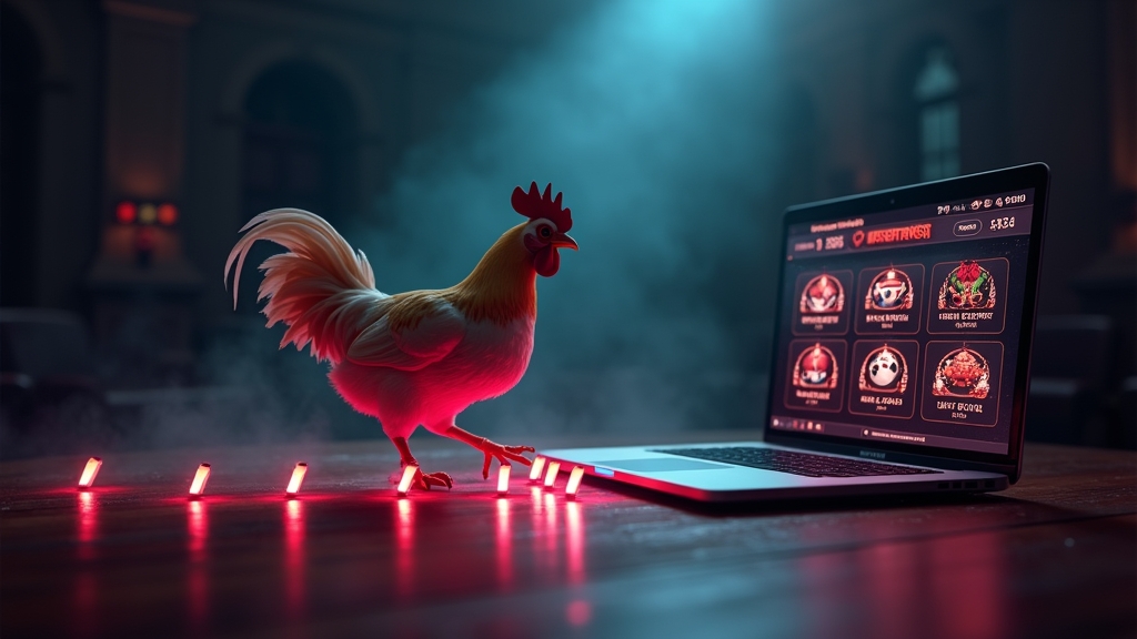 A glowing Chicken Road demo scene with a chicken, risk markers, and a game UI on a dark casino table