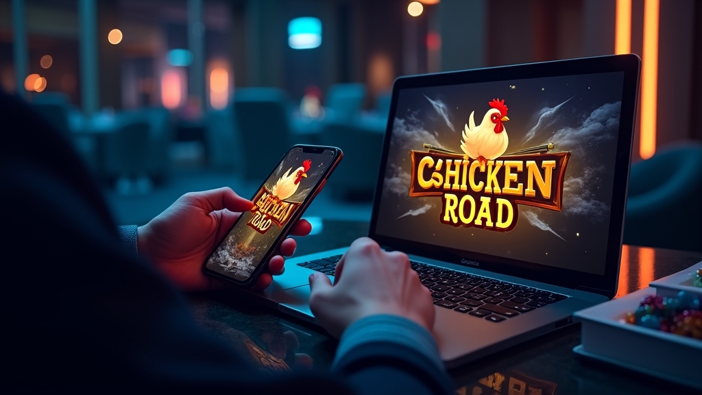Laptop and smartphone showing the Chicken Road demo on a dark casino background